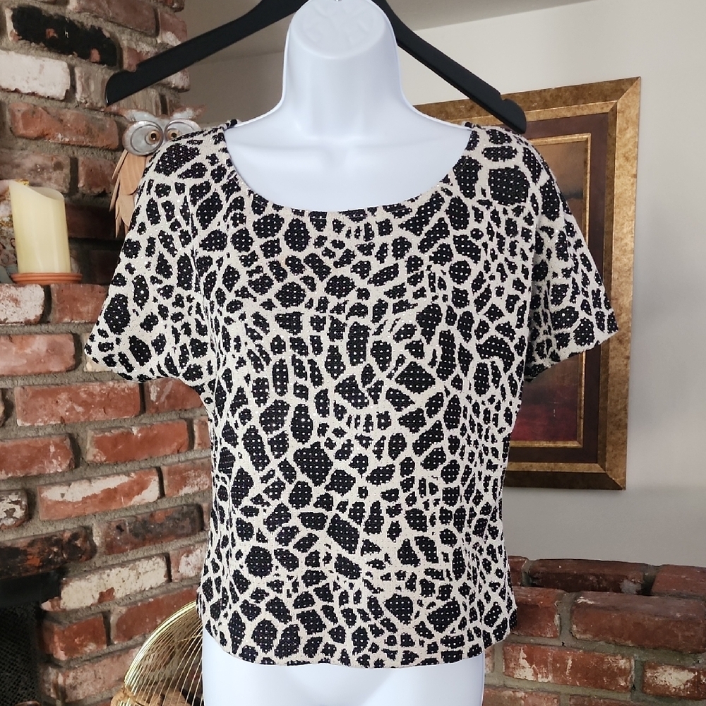 St. John Black & White Animal Print Studded Knit Top